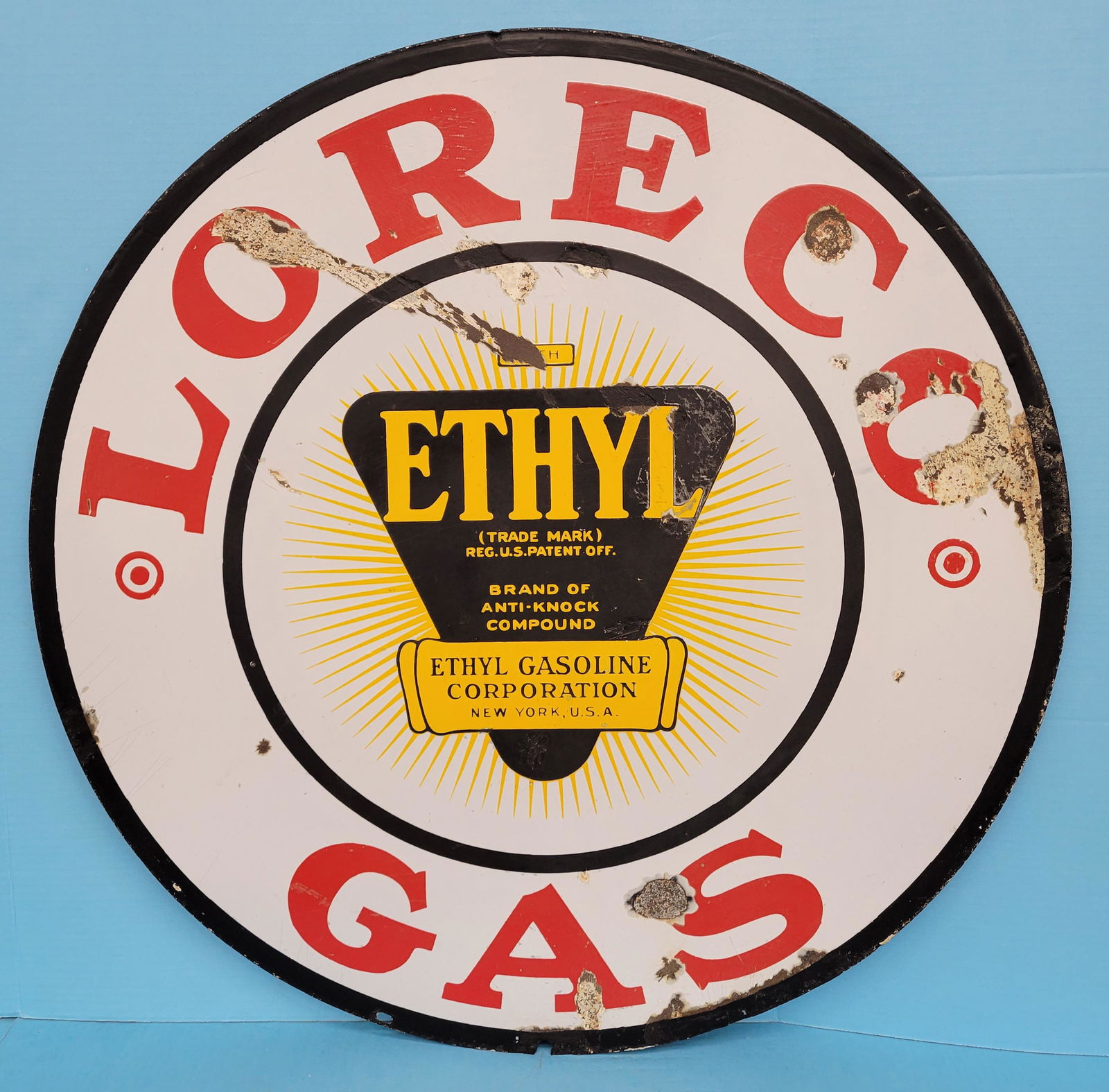 Loreco Ethyl Gasoline 30" Double Sided Porcelain Sign (1 of 2)