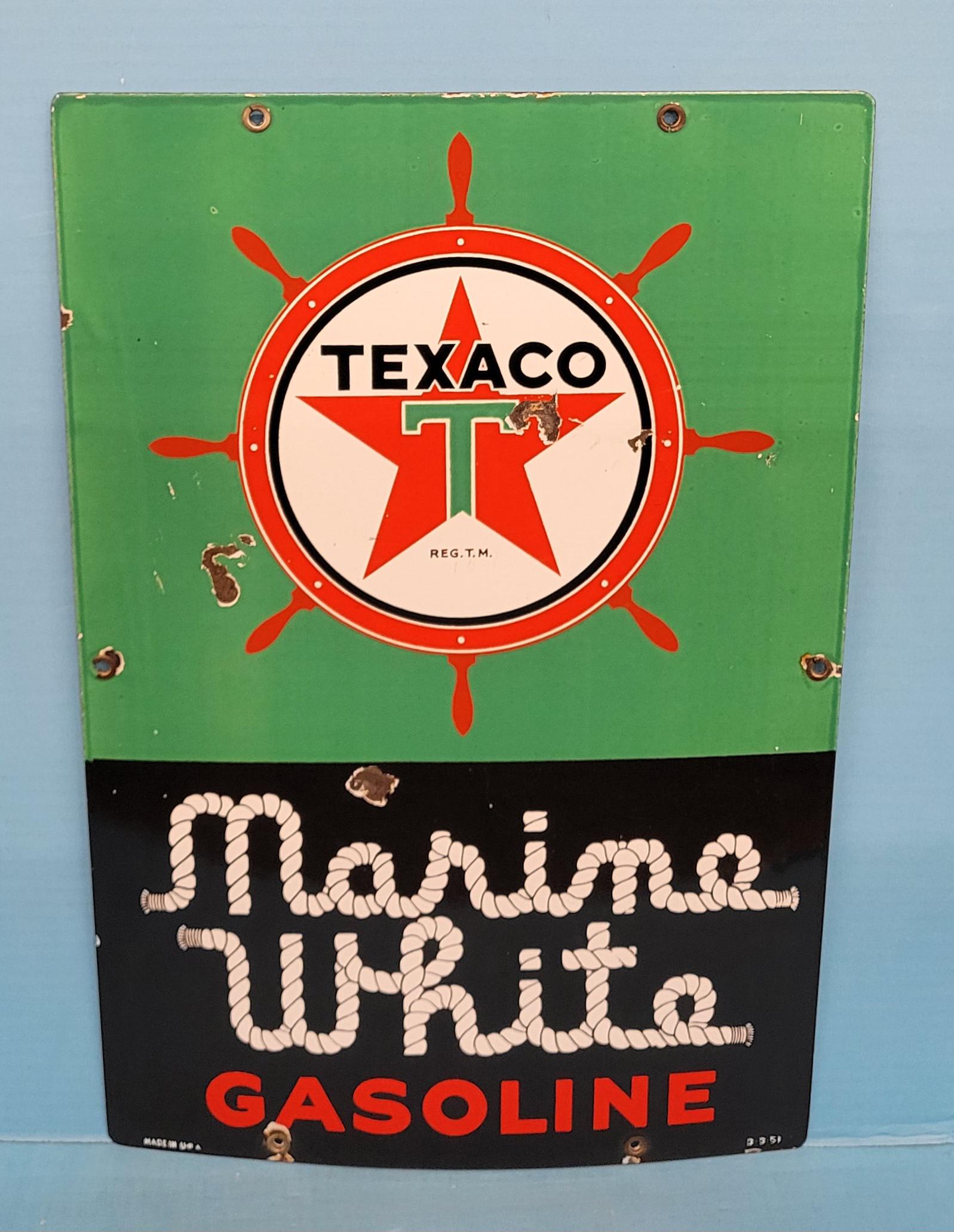 Texaco Marine White Gasoline Porcelain Pump Plate: 12" x 18" SSP marine gasoline pump plate with bright color and high gloss. There are porcelain chips in the field with some scratches. There are a few small chips around some of the mounting holes. Ma