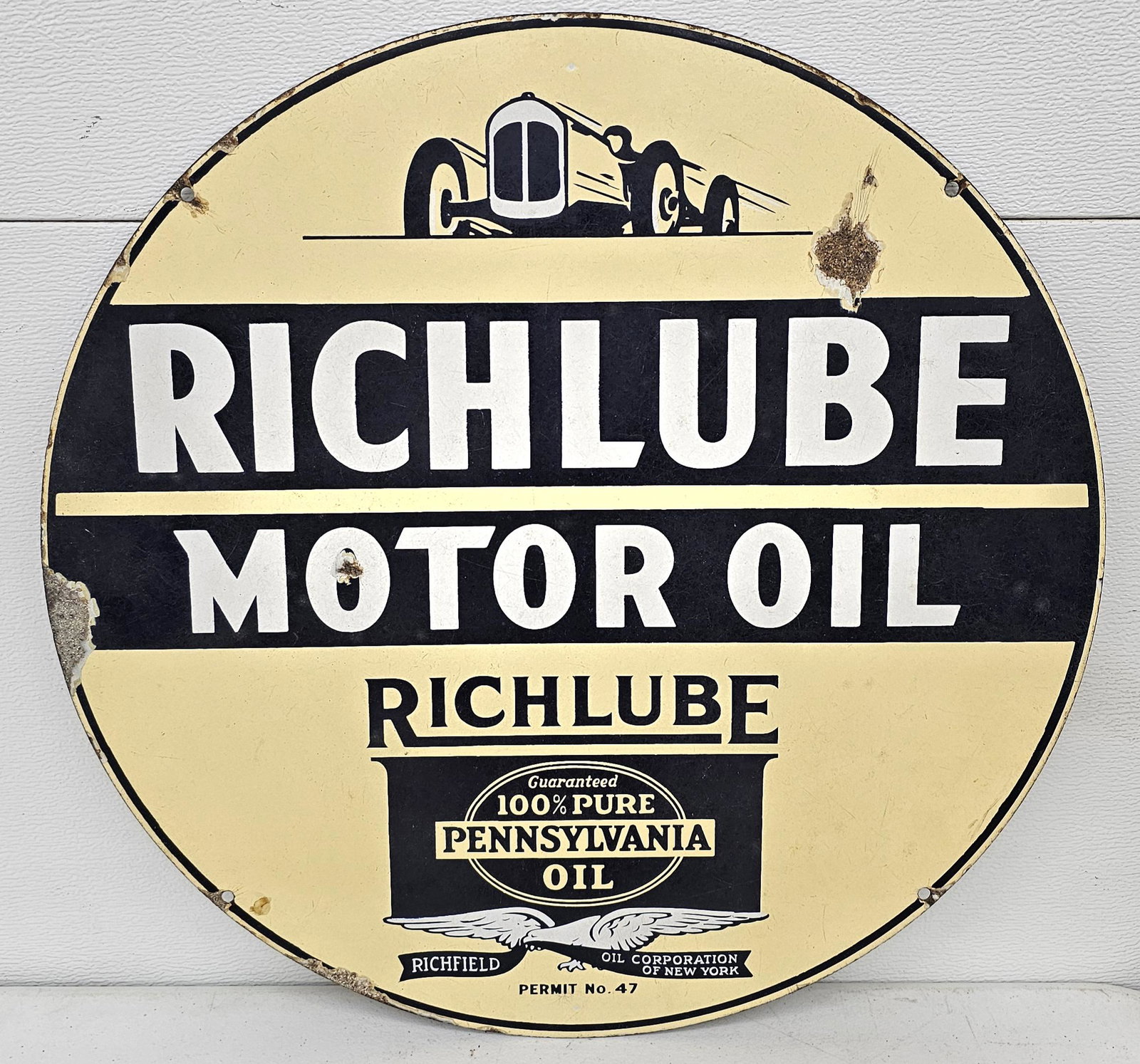 Richlube Motor Oil Porcelain Curb Sign w/ Race Car (1 of 2)