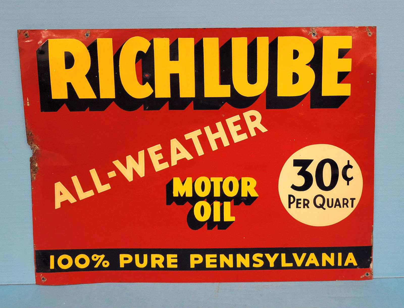 Richlube All Weather Motor Oil 100% Pure Pennsylvania Double Sided Tin Sign (1 of 3)