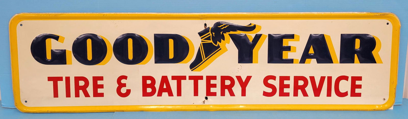 1959 Goodyear Tire & Battery Service Embossed Tin Sign w/ Winged Foot Logo (1 of 5)