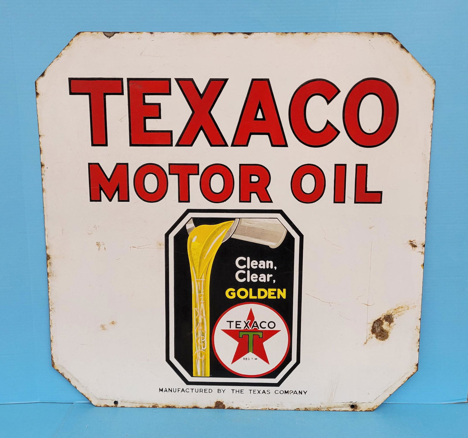 Texaco Motor Oil Clean Clear Golden Double Sided Porcelain Sign (1 of 4)