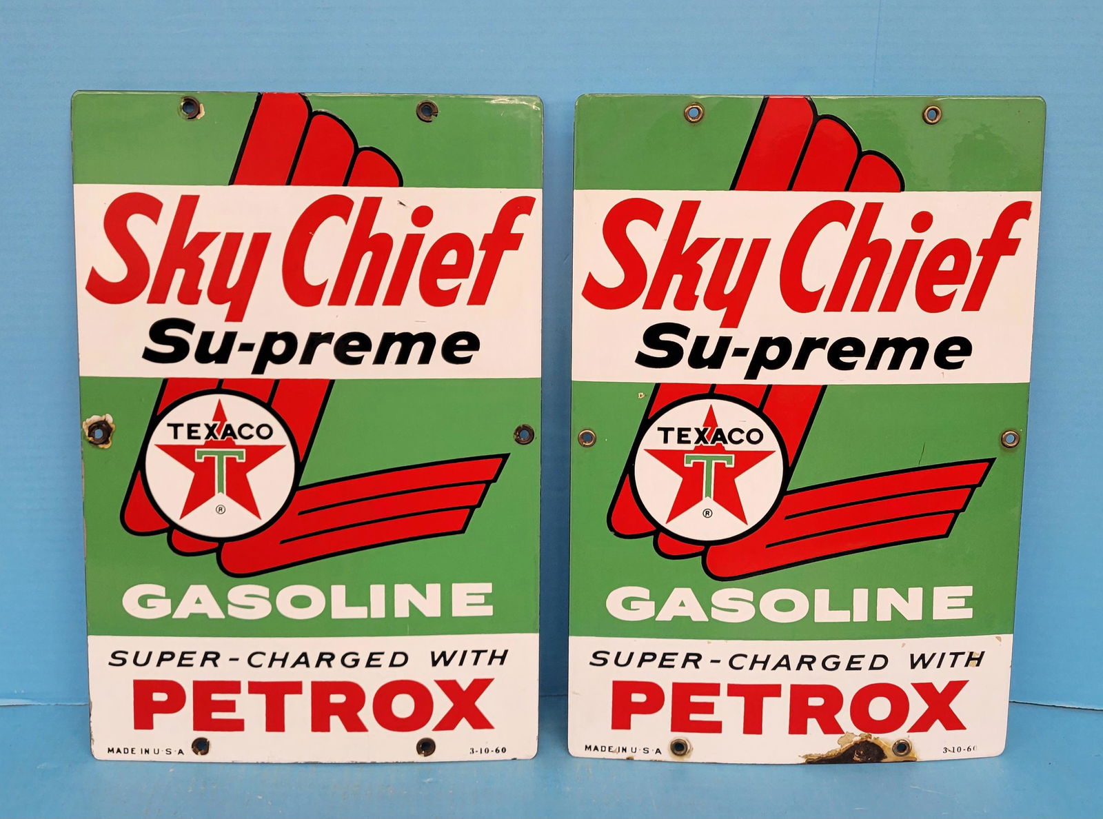 Texaco Supreme Gasoline Super Charged With Petrox Porcelain Pump Plates (1 of 3)