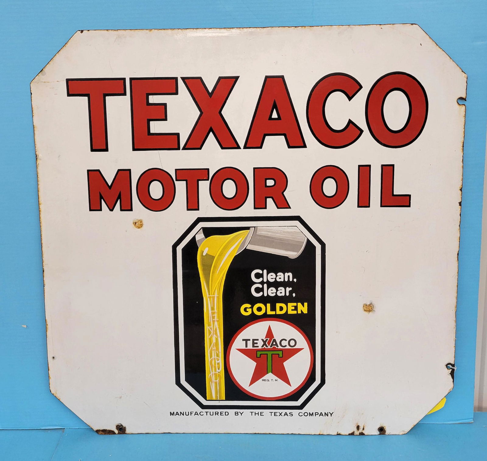 Texaco Motor Oil Clean Clear Golden Double Sided Porcelain Sign (1 of 2)