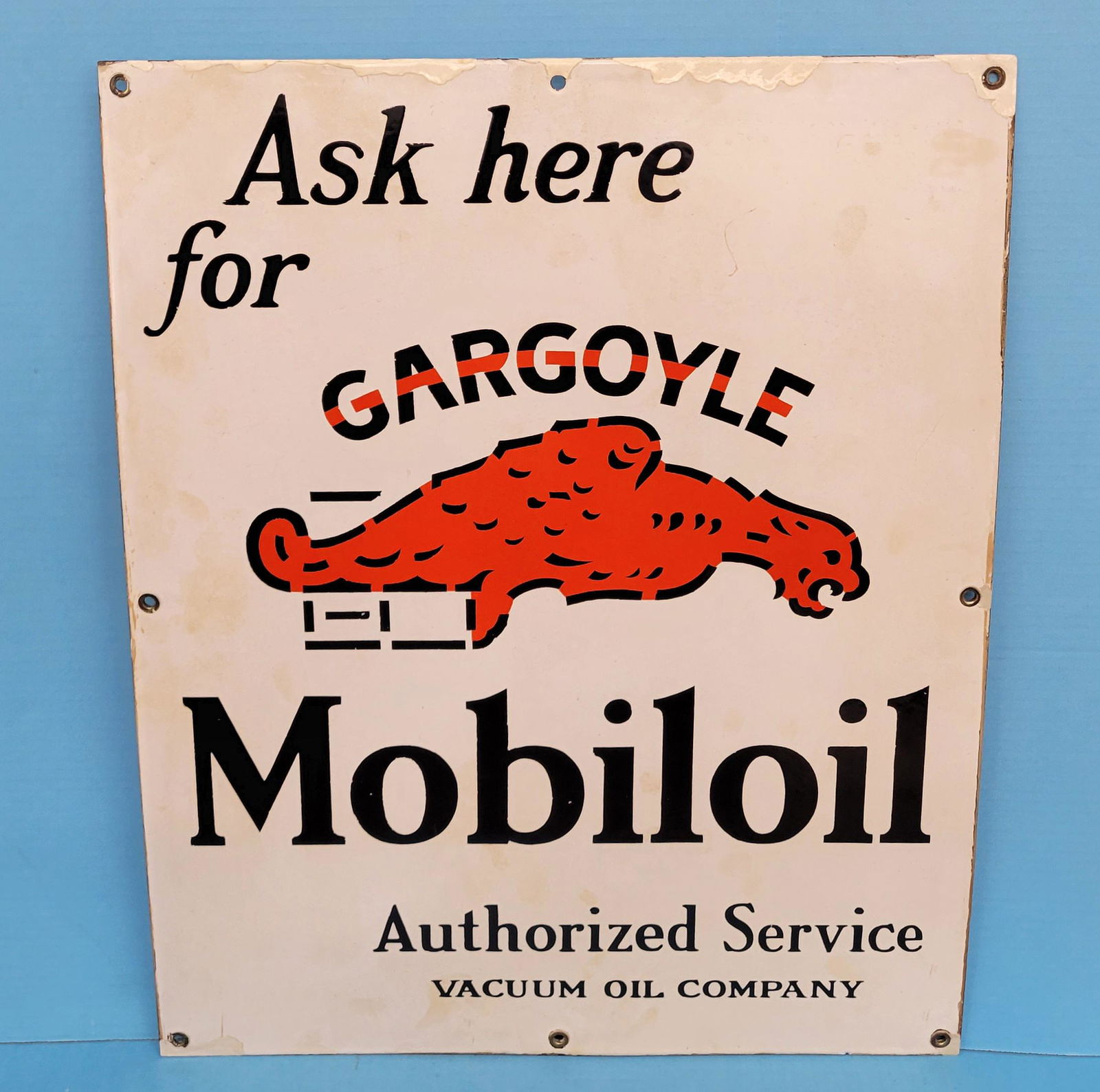 Ask Here For Gargoyle Mobiloil Authorized Service Vacuum Oil Company Single Sided Porcelain Sign (1 of 4)