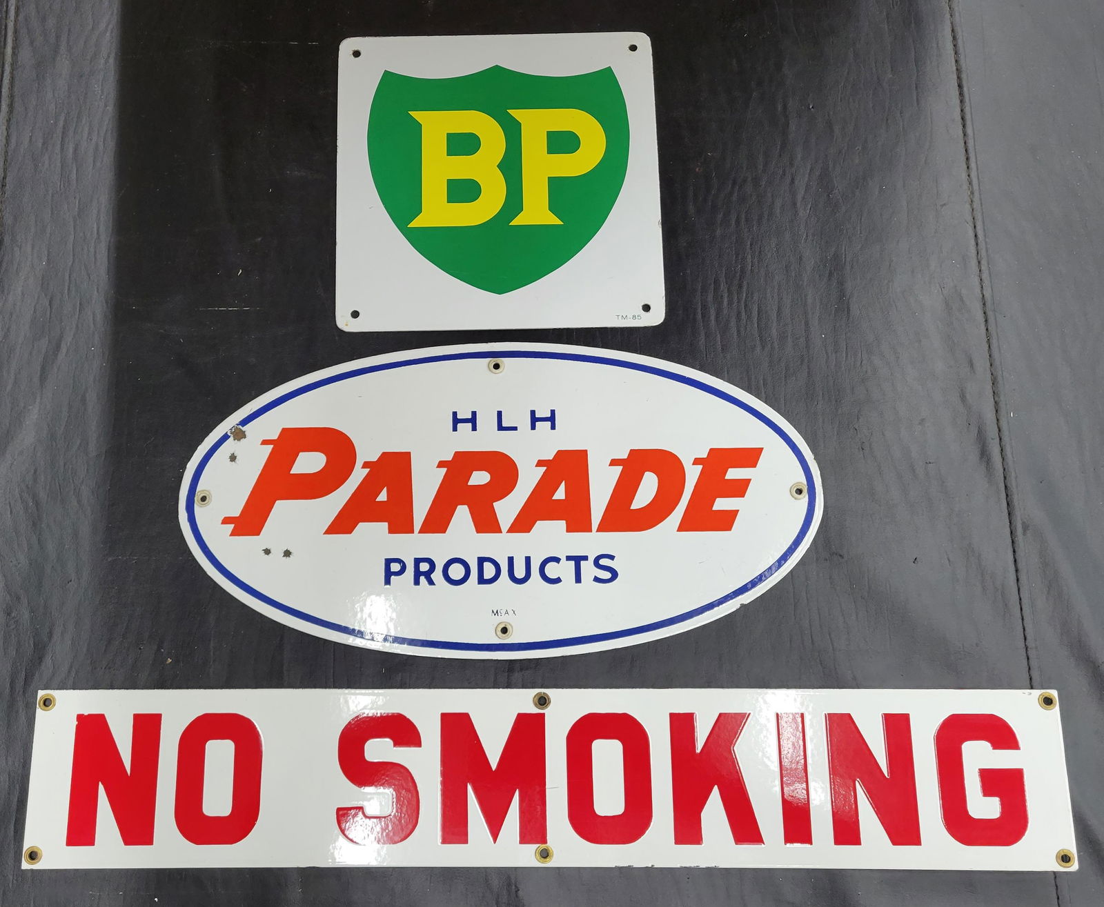 BP Porcelain Pump Plate, No Smoking Porcelain Sign & Parade Products Porcelain Sign (1 of 2)