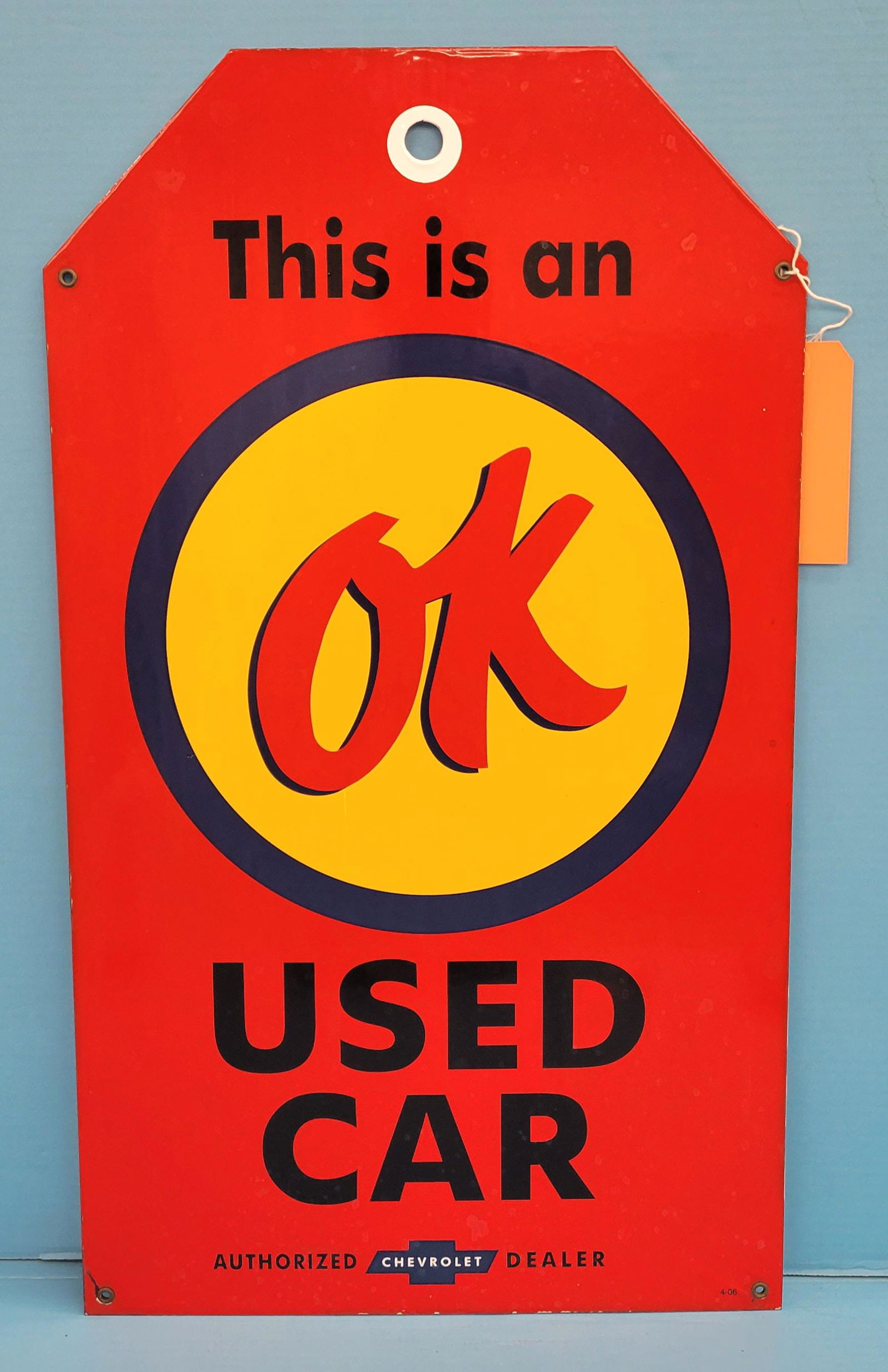 OK  Chevrolet Used Cars Single Sided Porcelain Tag Sign (1 of 3)