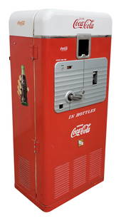 Coca Cola VMC 33 Vending Machine Restored: Restored machine with painted logos on the front and applied decals on the sides. There are paint chips on the back side edges and a 1" touch up. A small chip on the front upper interior door edge.