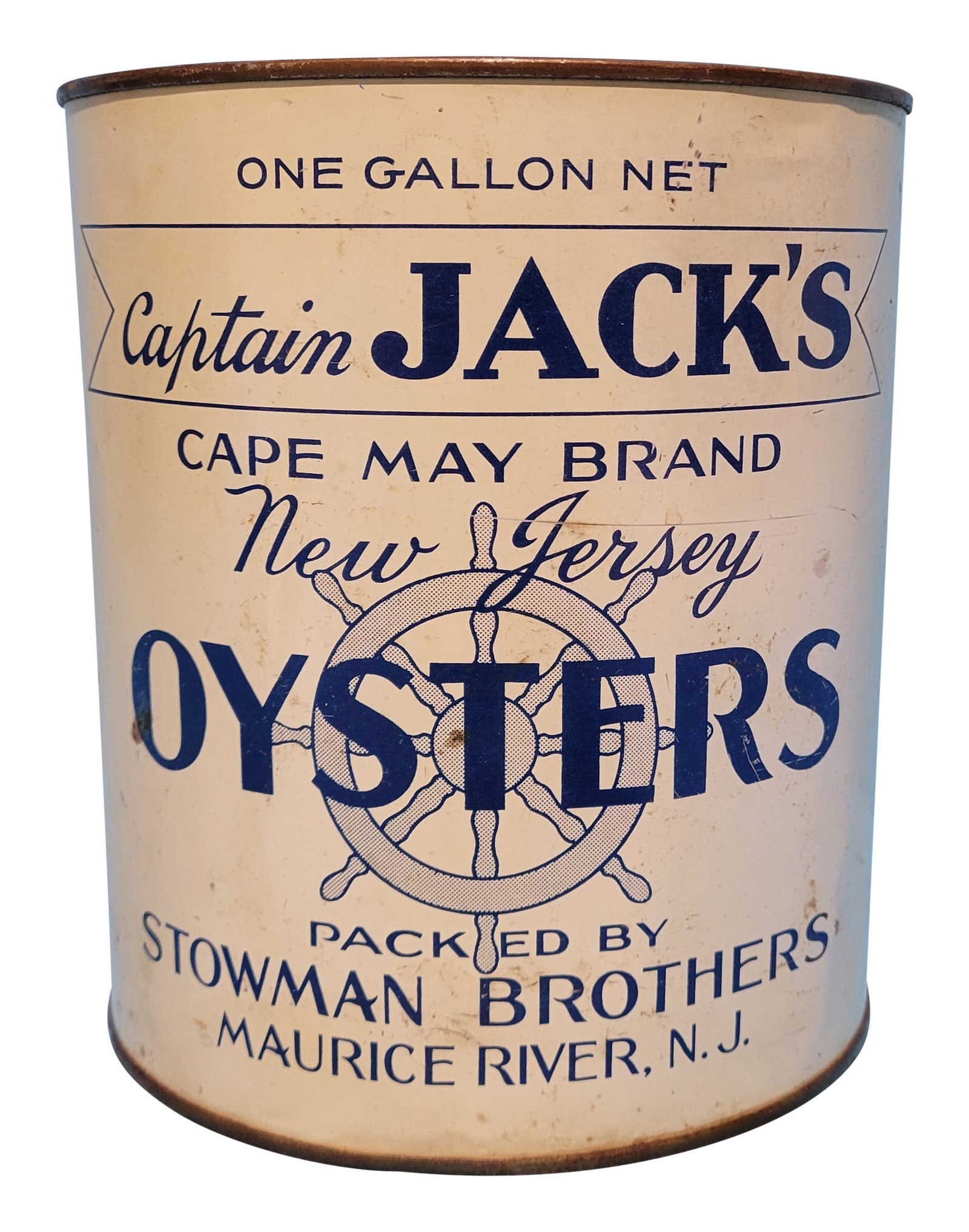 Captain Jack's Oysters One Gallon Can: One gallon can with blue graphics. In good condition with normal wear, dings, dents on the bottom. No lid. 7.5" x 7".PLEASE NOTE, THERE IS ONLY ONE WAY TO PAY FOR ONLINE ITEMS IN THIS AUCTION WHICH IS