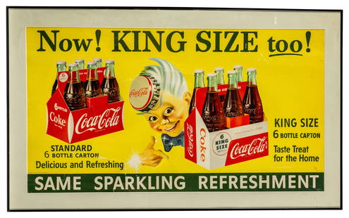 1955 Coca Cola Now King Size Too Sprite Boy Framed Cardboard Advertising Signs: Framed under glass Coca Cola cardboard featuring Sprite Boy and Coca Cola six packs with bright colors, creases, scratches, and bends. Coke. 40" x 1" x 24.5". PLEASE NOTE, THERE IS ONLY ONE WAY TO