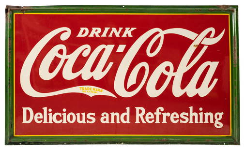 Drink Coca Cola Delicious and Refreshing Single Sided Porcelain Sign: SSP self-framed sign has excellent color and gloss. There's light surface wear in the field with an areas of crazing/rust staining in the "L" of Cola. The perimeter has areas of errant paint, metal lo