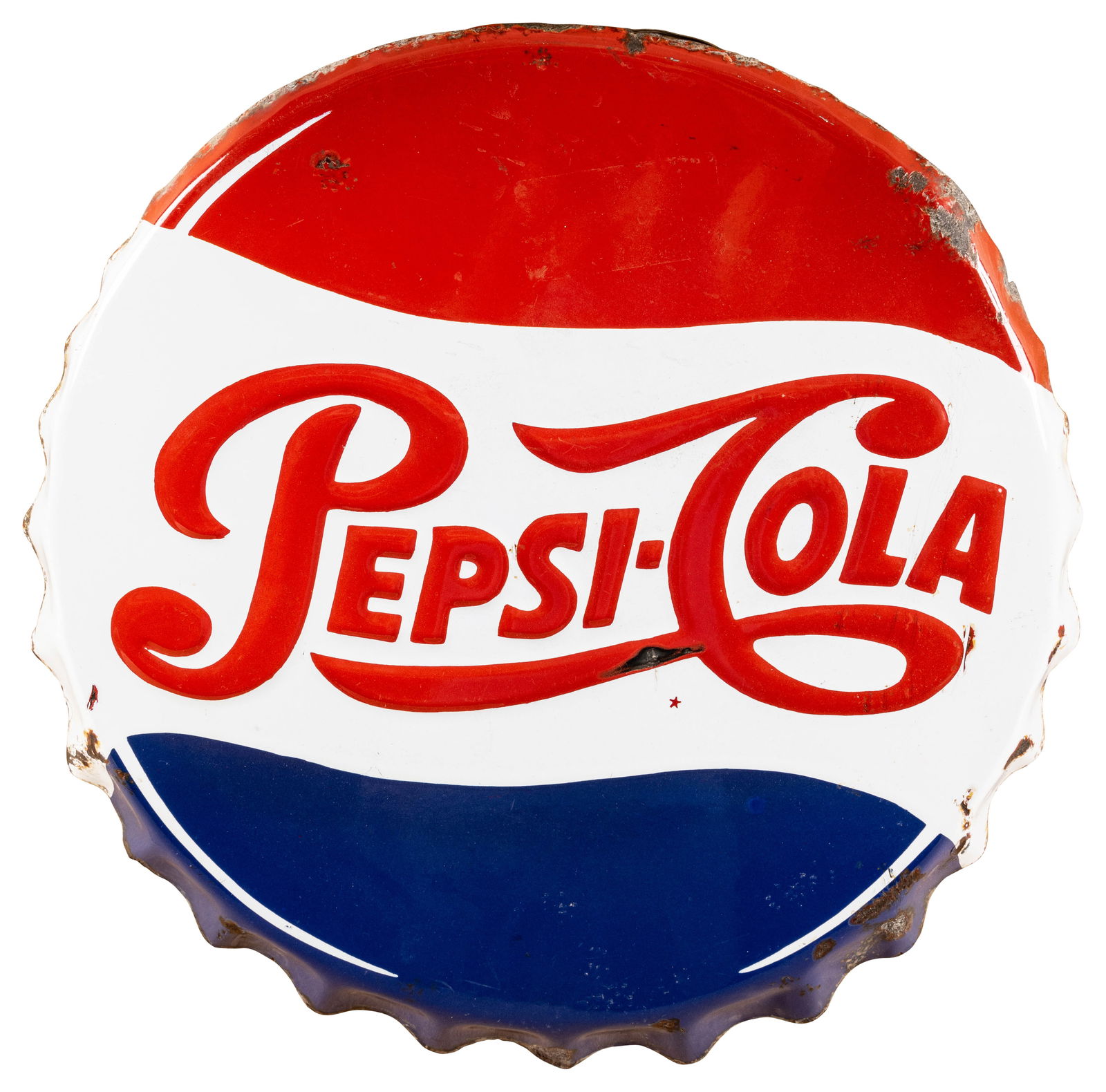 Pepsi Cola Embossed Porcelain Bottle Cap Sign: Embossed porcelain bottle cap sign with edge wear, porcelain chips around edges, a chip on the "C", and light rust. 18" x 2" x 18". PLEASE NOTE, THERE IS ONLY ONE WAY TO PAY FOR ONLINE ITEMS IN THIS A