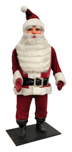 Lifesize Motorized Santa Claus Circa 1940's: Motorized/animated working Santa Claus with molded plastic face, full beard, velour suit with plastic boots on plywood base. Santa works when plugged in and rotates from left to right while raising