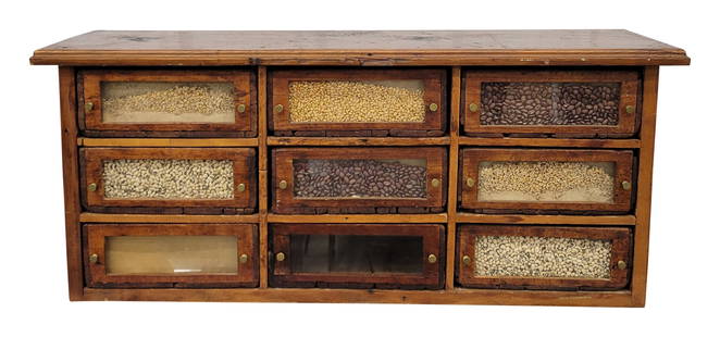 1800's Rare Counter Top Seed Cabinet: Very rare size wood counter top cabinet with 9 drawers, brass pulls. Possibly a salesman sample but we cannot confirm that to be true. We can say that we have never seen this type of cabinet in this