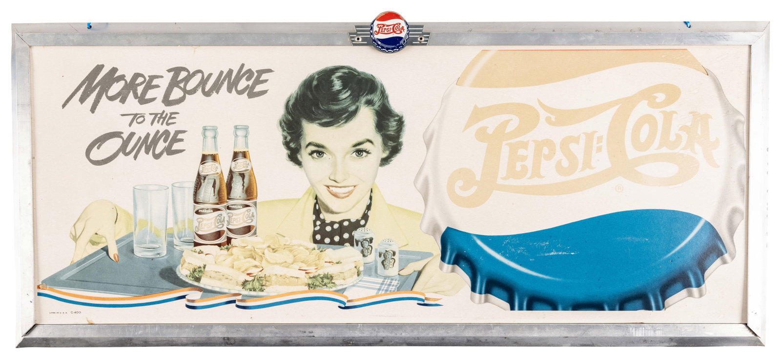 Pepsi Cola More Bounce To The Ounce Framed Cardboard In Frame: Cardboard sign in aluminum frame with Pepsi emblem. The frame has normal wear with scuffs and scratches. The cardboard has faded. 13" x 1" x 29". PLEASE NOTE, THERE IS ONLY ONE WAY TO PAY FOR ONLINE I