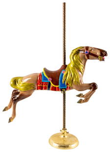 Carousel Horse On Stand: Painted metal carousel horse with minor paint flakes, good gloss, copper pole, brass stand. 51.5" x 12" x 39". PLEASE NOTE, THERE IS ONLY ONE WAY TO PAY FOR ONLINE ITEMS IN THIS AUCTION WHICH IS THROU