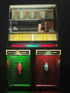 Seeburg Model 222 45 rpm Jukebox: Professionally serviced. Looks and sounds great. Holds 80 45rpm records for 160 selections. 55" x 27" 32.5". The jukebox is loaded with records. The photos of the title strips show what records are