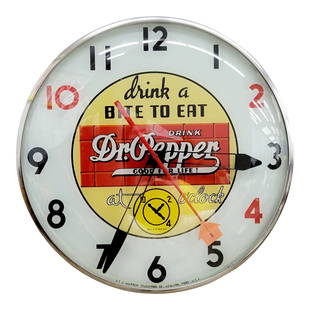 Dr Pepper Drink A Bite To Eat 15" Light Up Telechron Clock: Telechron clock with glass face and metal can in excellent working condition. Currently only one light bulb in the clock. PLEASE NOTE, THERE IS ONLY ONE WAY TO PAY FOR ONLINE ITEMS IN THIS AUCTION