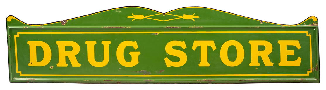 Coca Cola Drug Store Single Sided Porcelain Sign: SSP self-framed porcelain sign has good color and gloss. There are areas of chipping in the fields and around the perimeter of the sign. There is an area of touch up in the green between the "G &