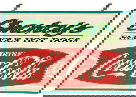 Drink Coca Cola Fishtail Embossed Double Sided Tin Sign "Shorty's Famous Hotdogs": Two SST embossed tin signs mounted back-to-back have very good color and shine. Side #1 has light wear in the field and around the perimeter. The reverse is similar with scratches in the fishtail logo