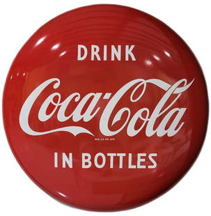 48" Drink Coca Cola In Bottles Porcelain Button Sign: SSP Coca Cola button sign has bright color and high gloss. The field is very clean with a few minor scratches and 2 barely noticeable nicks, and minor porcelain chips around some mounting holes. Displ