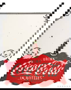 Drink Coca Cola in Bottles DSP Sign: DSP sign has excellent color and gloss. Both sides have chipping in the fields with two small non factory holes. There are 12? original convex porcelain Coca Cola bottles mounted to each side. Both ha