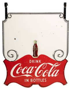 Drink Coca Cola in Bottles DSP Sign: DSP sign has excellent color and gloss. Both sides have chipping in the fields with two small non factory holes. There are 12? original convex porcelain Coca Cola bottles mounted to each side. Both ha