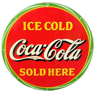 1932 Ice Cold Coca Cola Sold Here Embossed Single Sided Round Disc Sign: SSM embossed Coca Cola sign has bright color and good gloss. There are light surface scratches throughout with 2 areas of missing yellow paint on the letter "D" in the word SOLD and the letter "H" in