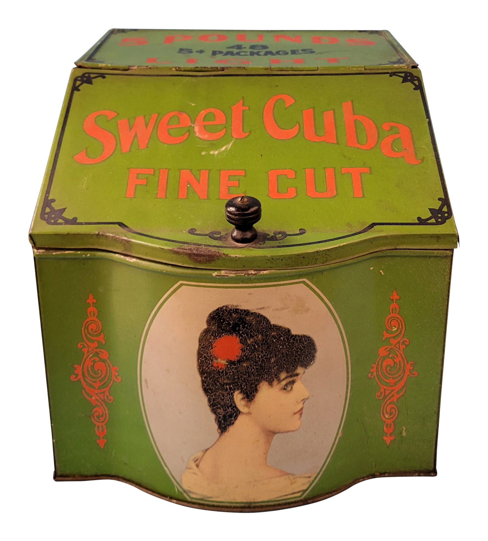Sweet Cuba Tin Countertop Display: Metal display with bright color in good condition with light wear. Lid on front lifts up to vend. Country store. 8" x 11"x 8". PLEASE NOTE, THERE IS ONLY ONE WAY TO PAY FOR ONLINE ITEMS IN THIS AUCTIO