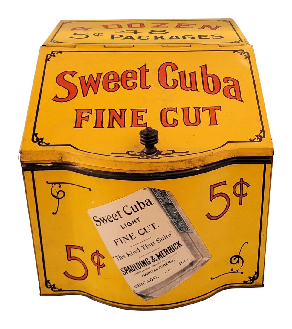 Sweet Cuba Tin Countertop Display: Metal display with bright color in good condition with light wear. Lid on front lifts up to vend. Country store. 8" x 11" x 8". PLEASE NOTE, THERE IS ONLY ONE WAY TO PAY FOR ONLINE ITEMS IN THIS AUCTI