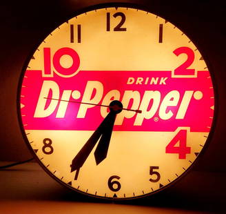 Drink Dr Pepper 10 2 4 Light Up Clock: Working clock with glass face and metal can. There is a .5" area of flaked paint on the clock face between the numbers 7 and 8. 15"d. PLEASE NOTE, THERE IS ONLY ONE WAY TO PAY FOR ONLINE ITEMS IN THIS