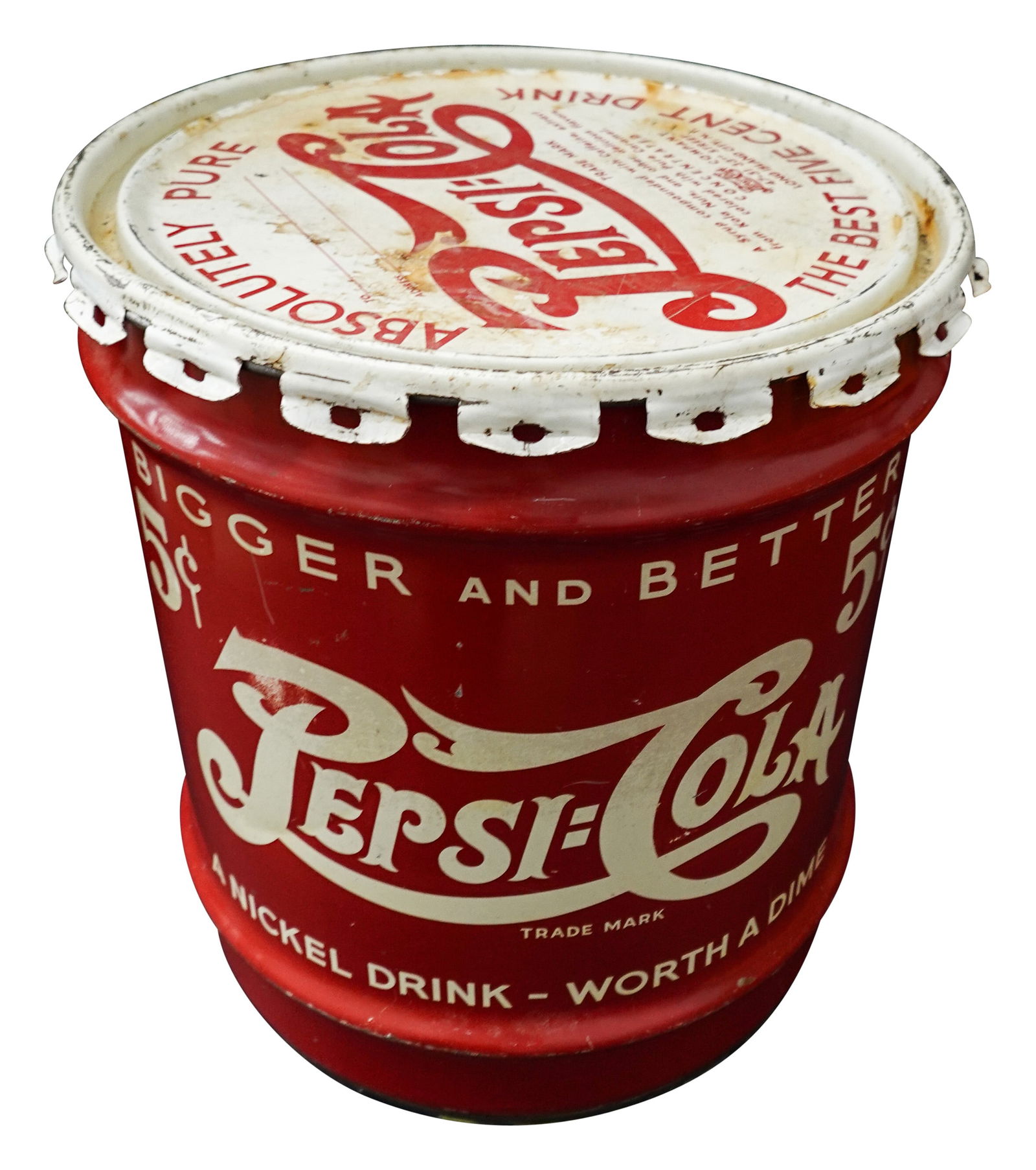Pepsi Cola 5 Cents Bigger Better 10 Gallon Metal Can w/ Lid Bottle Logo (1 of 1)