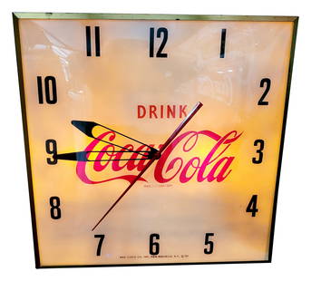 Drink Coca Cola Clock: Working light up electric clock with reproduction face. Toning around the Coke logo. Excellent condition. 15" x 3". PLEASE NOTE, THERE IS ONLY ONE WAY TO PAY FOR ONLINE ITEMS IN THIS AUCTION WHICH IS