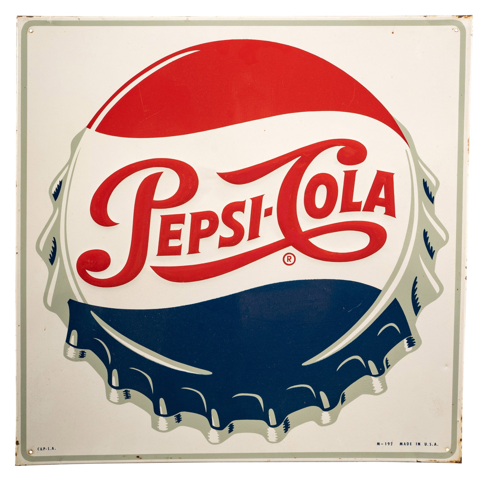 Pepsi Cola Single Sided Metal Bottle Cap Sign: SSM sign with bright color and gloss. There is light edge wear and a small shallow bend in the center. The sign appears to have been clear coated and has bubbled. 25" x 25". PLEASE NOTE, THERE IS ONLY