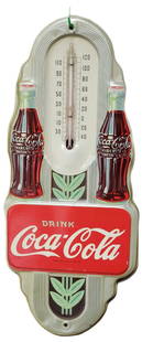 1942 Drink Coca Cola Embossed Thermometer: Tin thermometer with good color, light scuffs and scratches. 16" x 7". PLEASE NOTE, THERE IS ONLY ONE WAY TO PAY FOR ONLINE ITEMS IN THIS AUCTION WHICH IS THROUGH LIVE AUCTIONEERS. THIS IS THE MOST SE