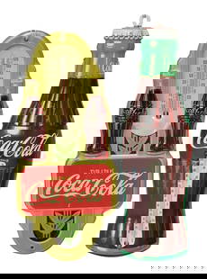 1941 Coca Cola Double Bottle Thermometer and Coca Cola Die Bottle Thermometer: 1941 2 bottle thermometer with bright colors, scuffs, and specks. Donasco thermometer has excellent color and gloss. Both working. 16" x 7". PLEASE NOTE, THERE IS ONLY ONE WAY TO PAY FOR ONLINE ITEMS