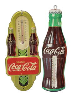 1941 Coca Cola Double Bottle Thermometer and Coca Cola Die Bottle Thermometer: 1941 2 bottle thermometer with bright colors, scuffs, and specks. Donasco thermometer has excellent color and gloss. Both working. 16" x 7". PLEASE NOTE, THERE IS ONLY ONE WAY TO PAY FOR ONLINE ITEMS