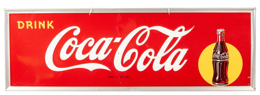 Drink Coca Cola Embossed Single Sided Metal Sign: SSM self framed sign with excellent color and gloss, small holes and a ding in the field. 2 small scratches near outer edge along with a small bend. 18" x 54". PLEASE NOTE, THERE IS ONLY ONE WAY TO PA