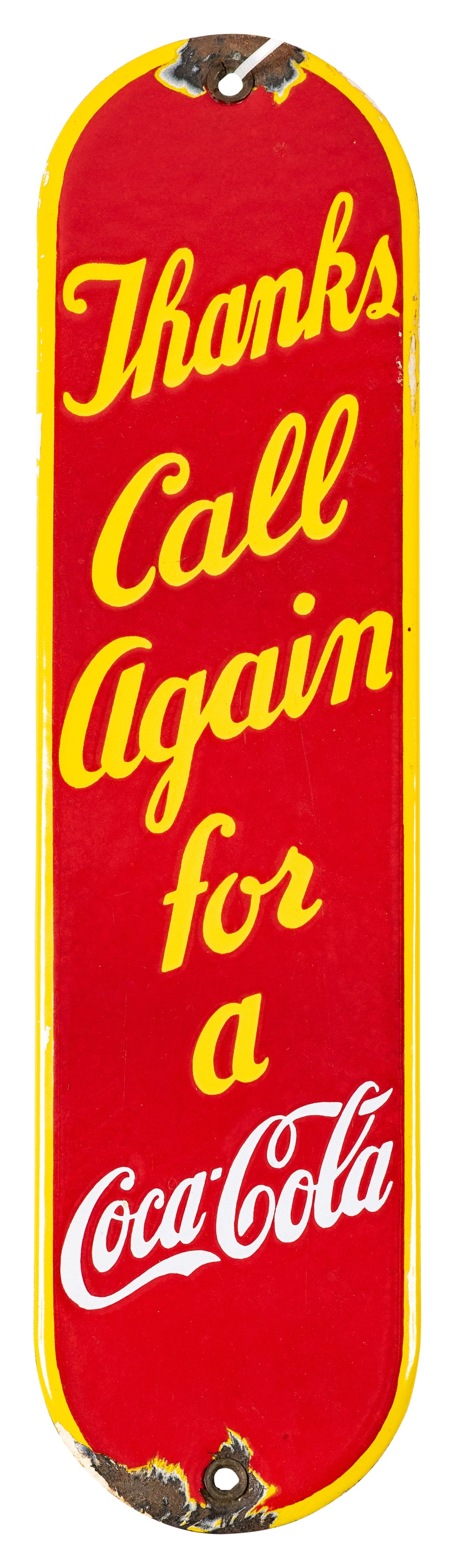 Coca Cola Thanks Call Again Porcelain Palm Push Sign (1 of 2)