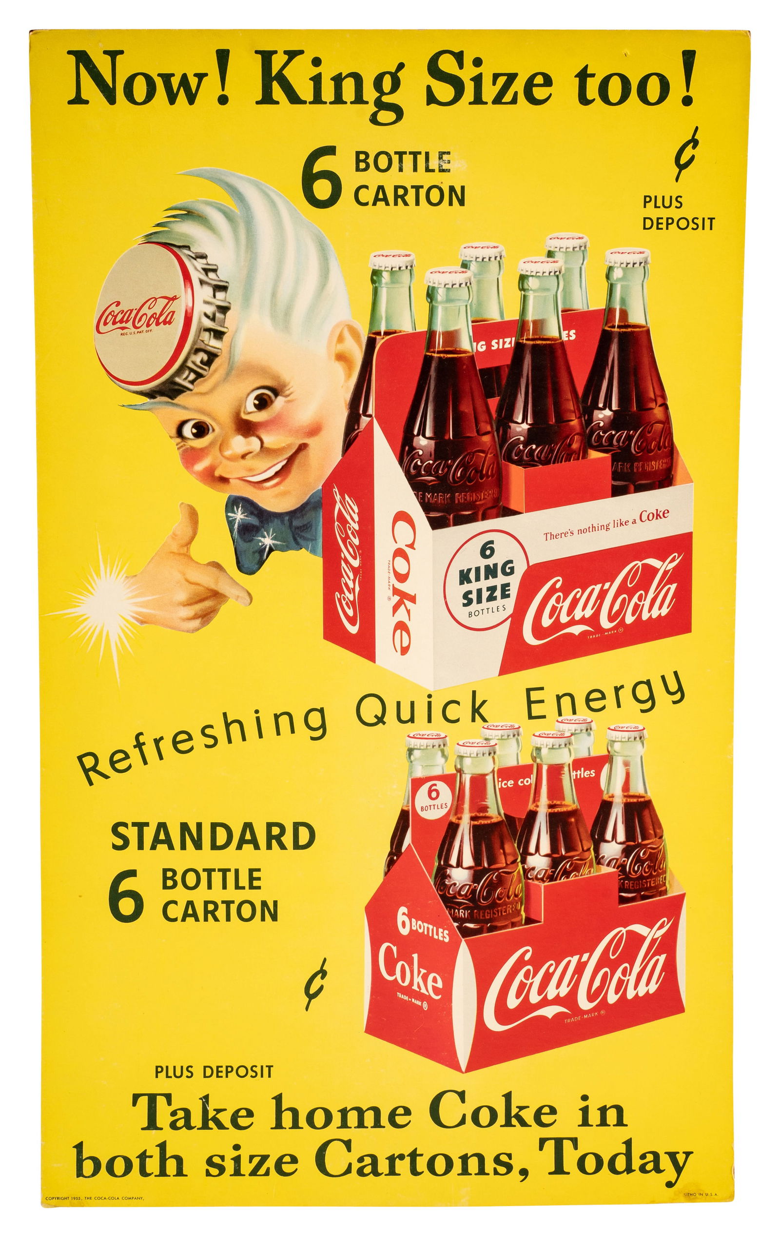 1955 Now! King Size too! Coca Cola Cardboard Sign With Sprite Boy (1 of 2)