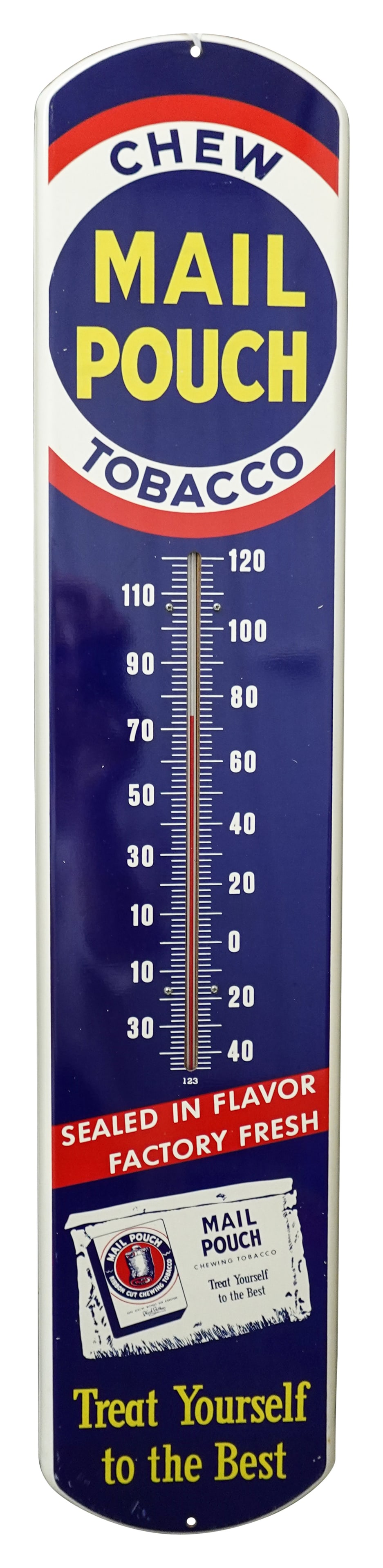 Chew Mail Pouch Tobacco Metal Thermometer: Working thermometer in excellent condition with bright colors and high shine. There are a couple of light scratches on the bottom below the word "the". 39" x 8". PLEASE NOTE, THERE IS ONLY ONE WAY TO 