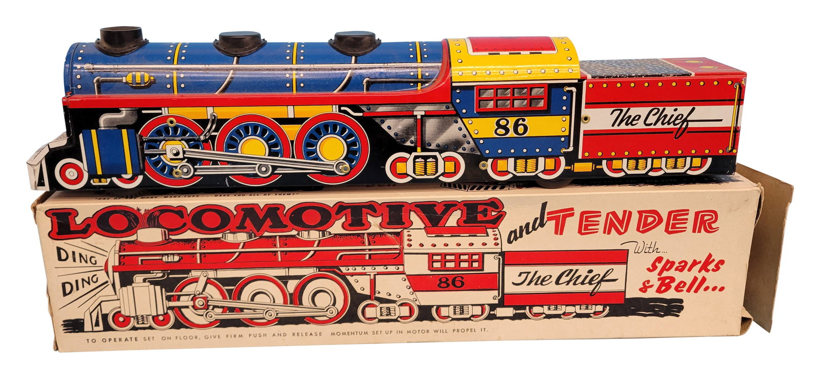 Locomotive and Tender Tin Litho Toy: Tin litho toy in very good condition with a few light scuffs. The box has some tears. 4.75" x 20" x 3.5". PLEASE NOTE, THERE IS ONLY ONE WAY TO PAY FOR ONLINE ITEMS IN THIS AUCTION WHICH IS THROUGH LI