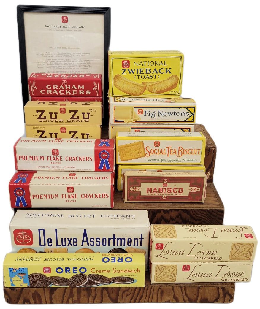 1937 National Biscuit Company Store Model For Schools: New in box cartons to set up a store model that was sent to schools so that children could play "storekeeper". The original letter is included that states there was price tickets and posters. Those it