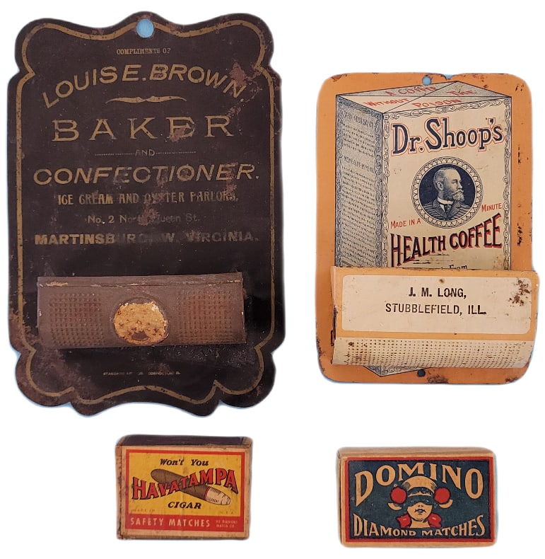 Louis E. Brown Baker and Confectioner, Dr. Shoop's Health Coffee Tin Match Holders (1 of 1)