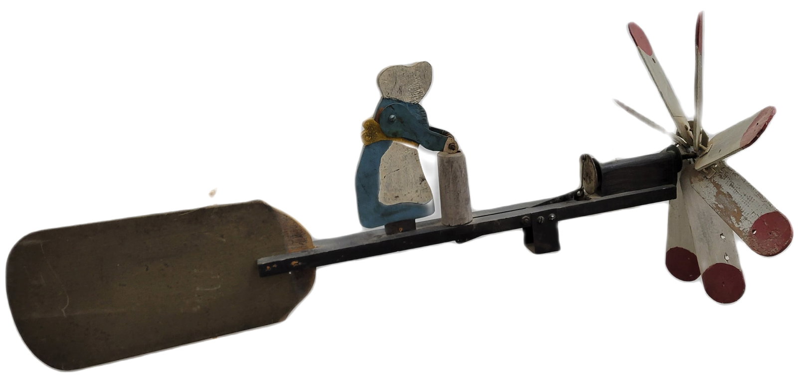 Wood Painted Folk Art Whirligig Woman At The Well: Painted wood folk art working whirligig with normal wear, scratches and faded paint. 15" x 33". PLEASE NOTE, THERE IS ONLY ONE WAY TO PAY FOR ONLINE ITEMS IN THIS AUCTION WHICH IS THROUGH LIVE AUCTION