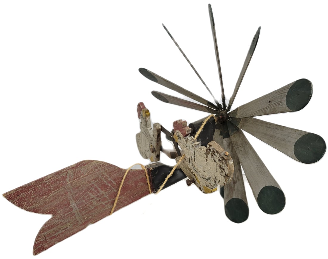 Wood Painted Folk Art Whirligig Pecking Chickens: Painted wood folk art working whirligig with normal wear, scratches and faded paint. One of the fan blades has a small missing section. 15" x 25". PLEASE NOTE, THERE IS ONLY ONE WAY TO PAY FOR ONLINE 