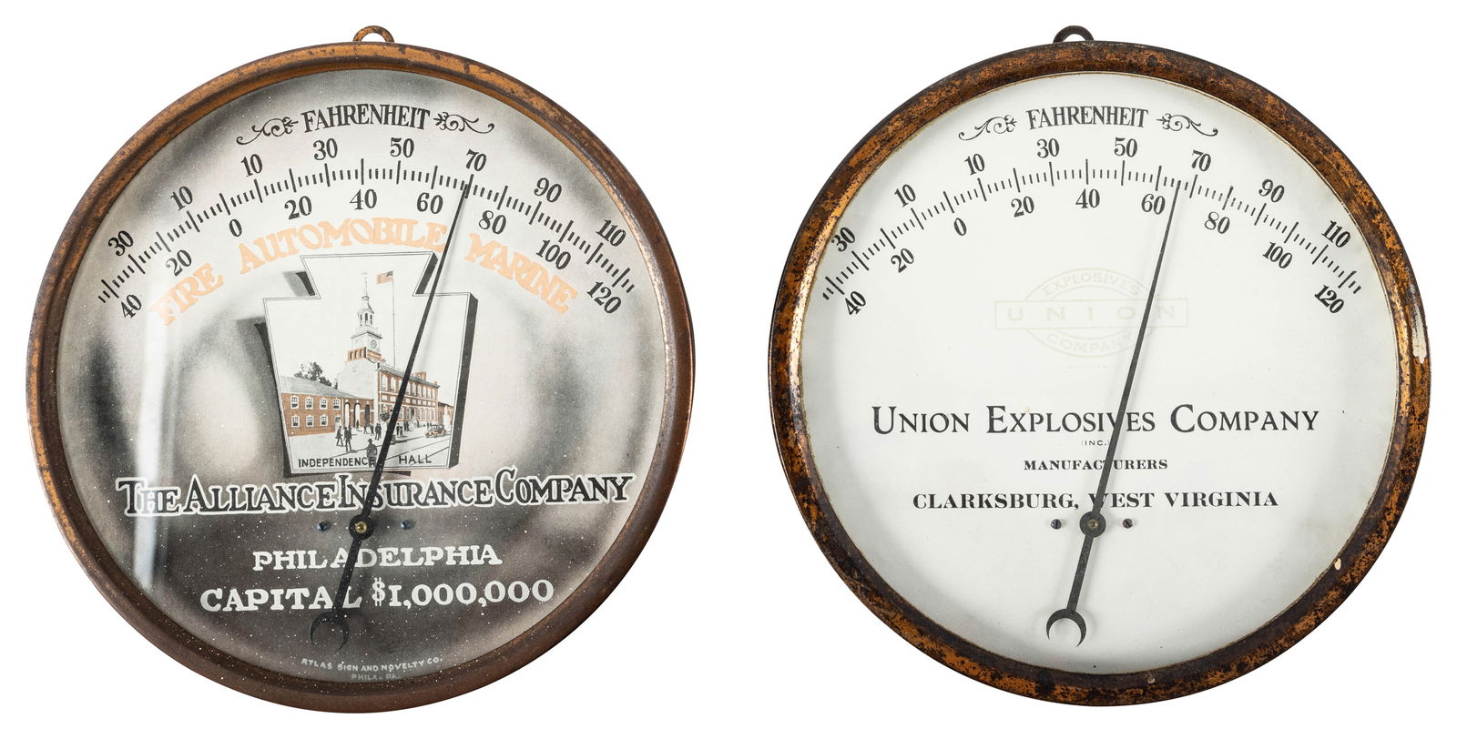 Alliance Insurance and Union Explosives Company Antique Round Thermometers (1 of 2)