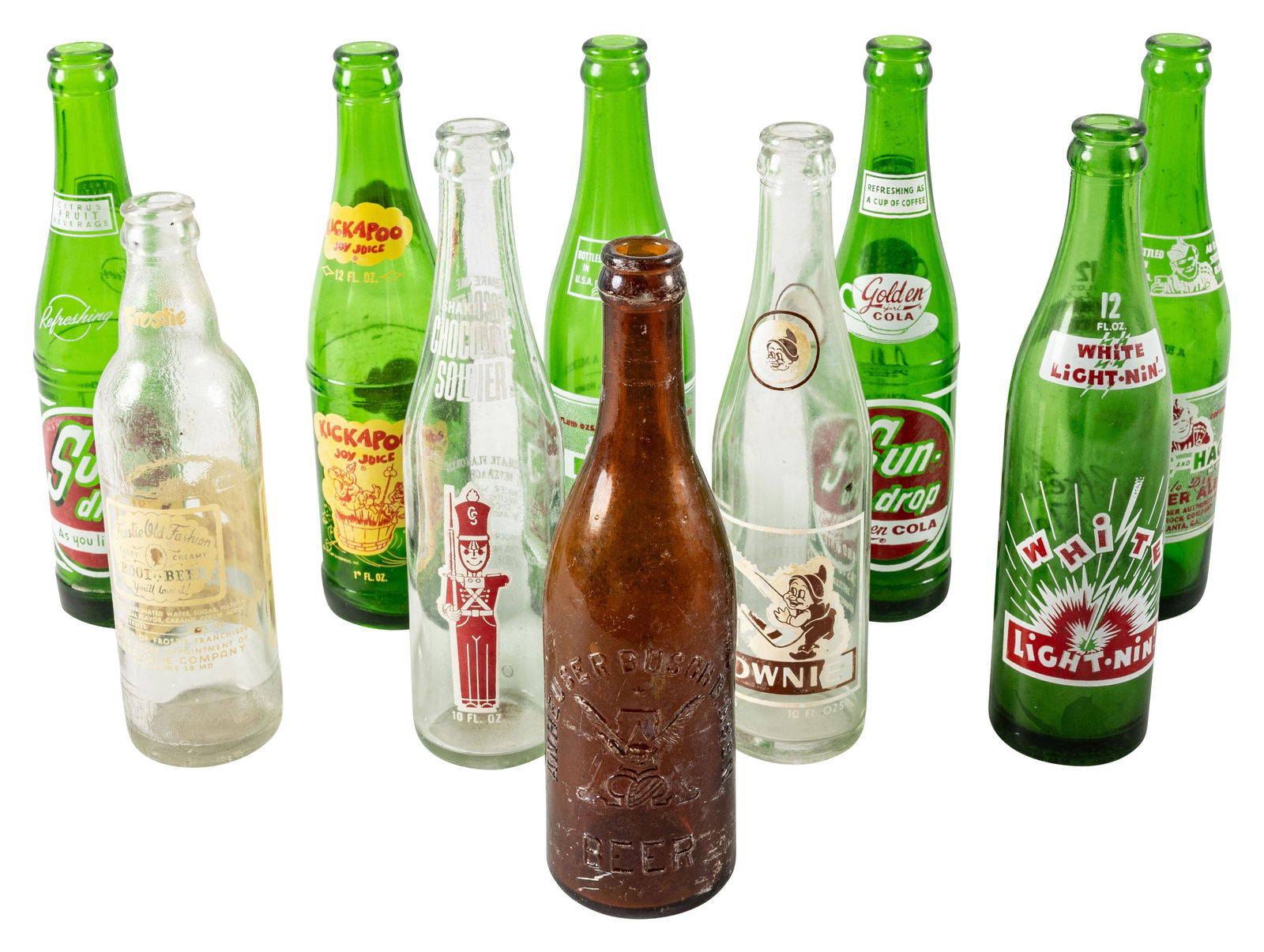 Group of 10 Soda Pop Bottles Chocolate Soldier Brownie Sun Drop Frostie & 2 Pepsi Celluloid Signs (1 of 5)