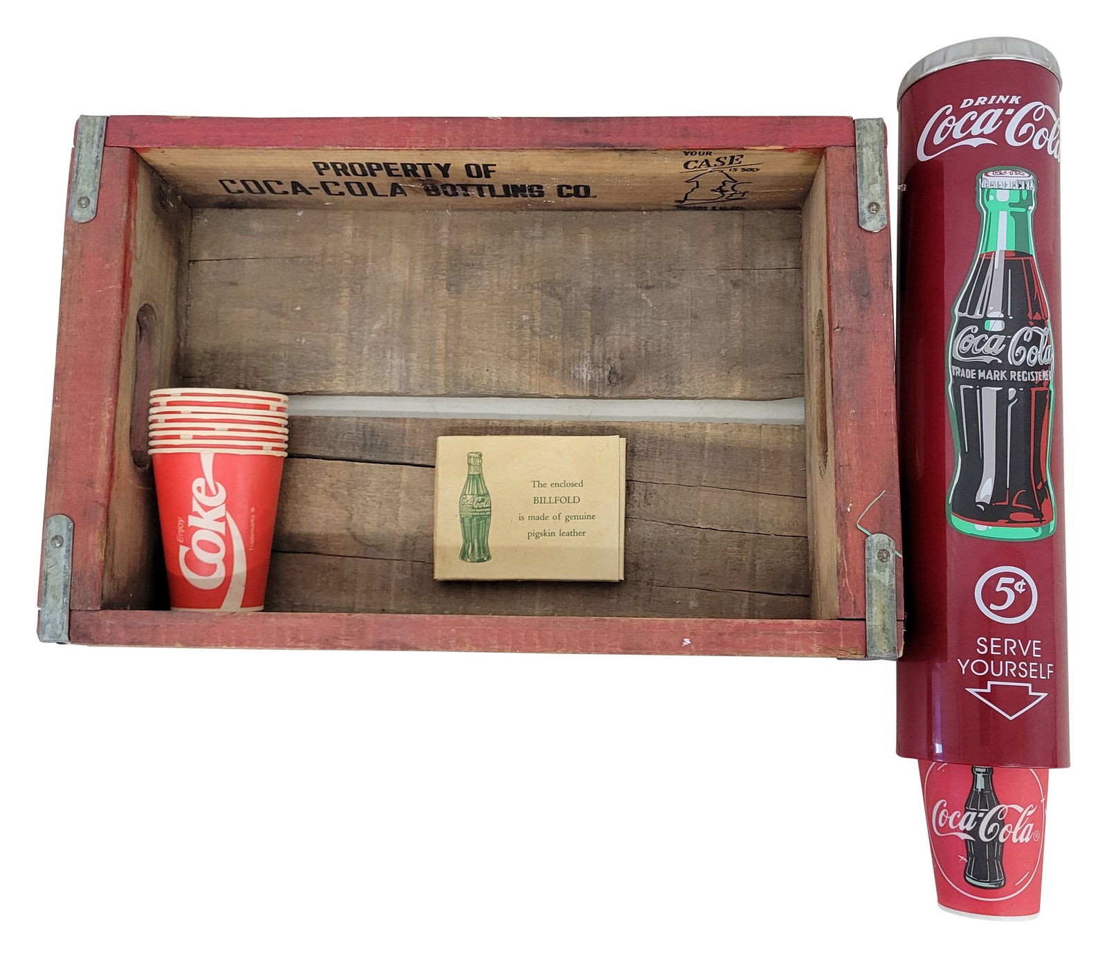 NOS Coca Cola Wallet With Cup Dispenser, Wood Crate and Wax Cups (1 of 3)