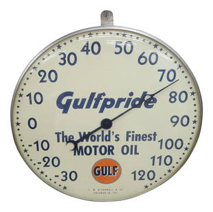 Gulfpride The World's Finest Motor Oil 12" Thermometer w/ Logo: The thermometer appears to keep accurate temperature. The inner face is clean with bright colors throughout. The outer glass and closed back case are in very good condition. The lower edge is